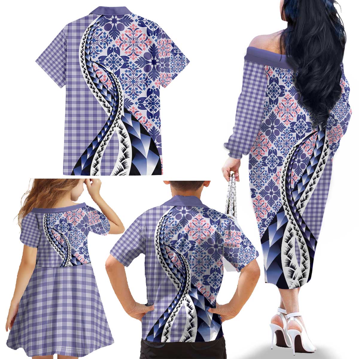 Aloha Vintage Palaka Floral Hawaiian Quilt Family Matching Off The Shoulder Long Sleeve Dress and Hawaiian Shirt Poni Motif LT9 - Polynesian Pride