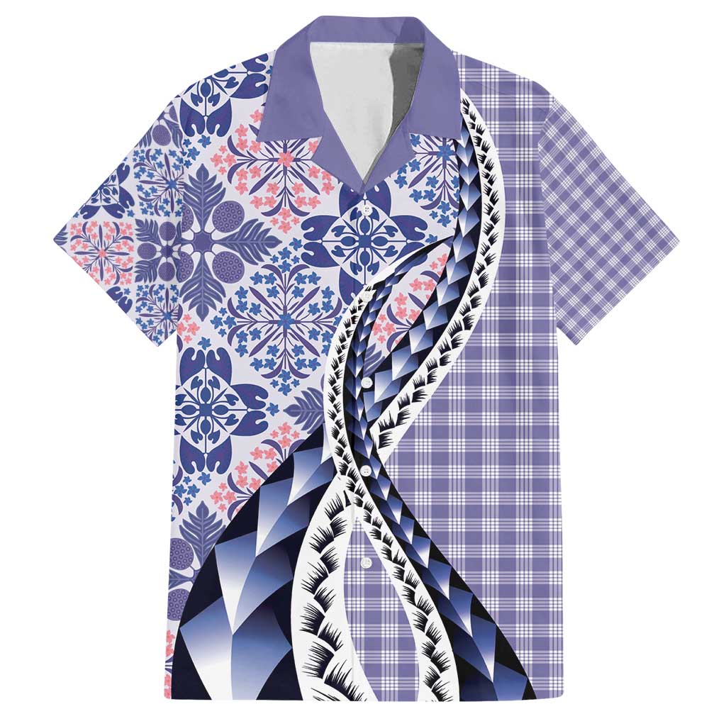 Aloha Vintage Palaka Floral Hawaiian Quilt Family Matching Off Shoulder Short Dress and Hawaiian Shirt Poni Motif LT9 Dad's Shirt - Short Sleeve Purple - Polynesian Pride