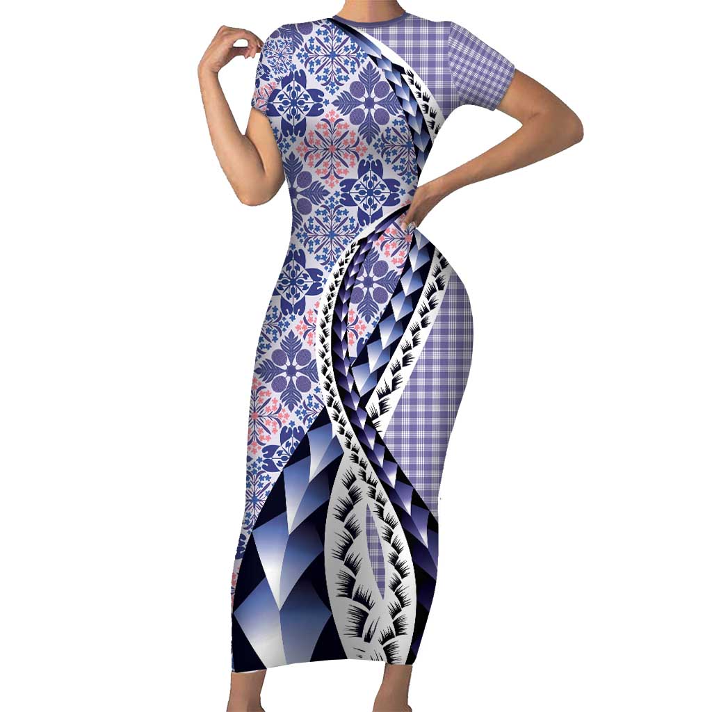 Aloha Vintage Palaka Floral Hawaiian Quilt Family Matching Short Sleeve Bodycon Dress and Hawaiian Shirt Poni Motif LT9 Mom's Dress Purple - Polynesian Pride