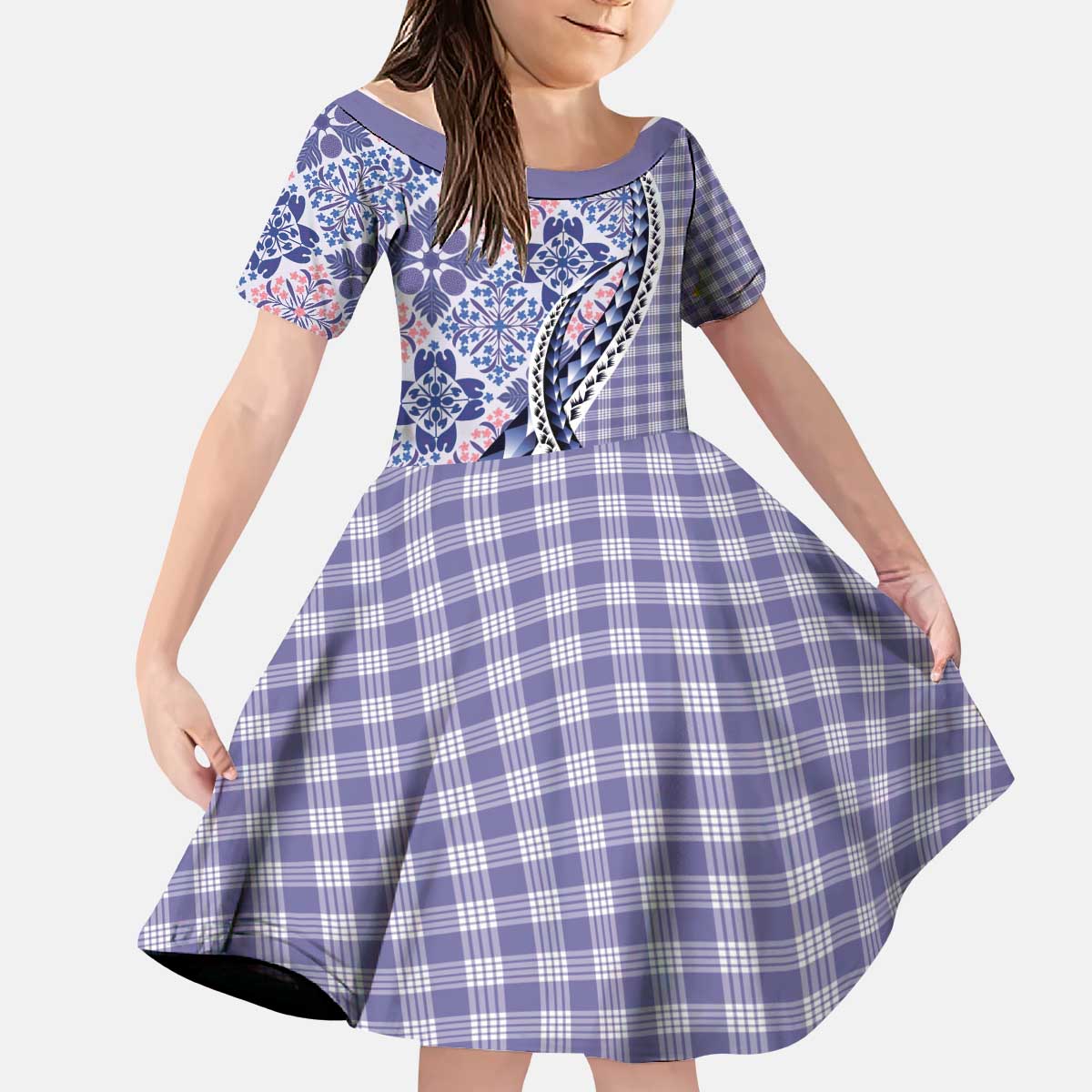 Aloha Vintage Palaka Floral Hawaiian Quilt Kid Short Sleeve Dress Poni Motif LT9 KID Purple - Polynesian Pride