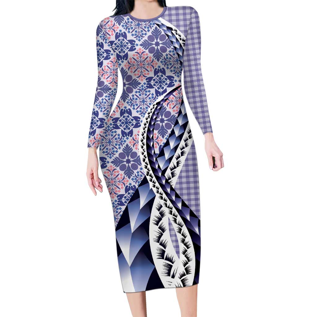 Aloha Vintage Palaka Floral Hawaiian Quilt Long Sleeve Bodycon Dress Poni Motif LT9 Long Dress Purple - Polynesian Pride