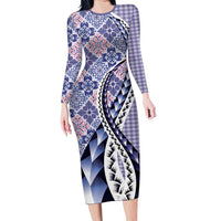 Aloha Vintage Palaka Floral Hawaiian Quilt Long Sleeve Bodycon Dress Poni Motif LT9 Long Dress Purple - Polynesian Pride