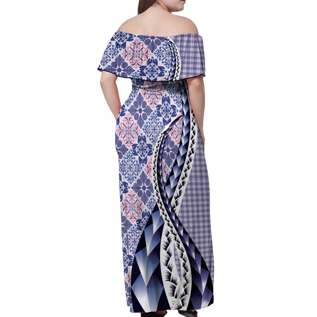 Aloha Vintage Palaka Floral Hawaiian Quilt Off Shoulder Maxi Dress Poni Motif LT9 - Polynesian Pride