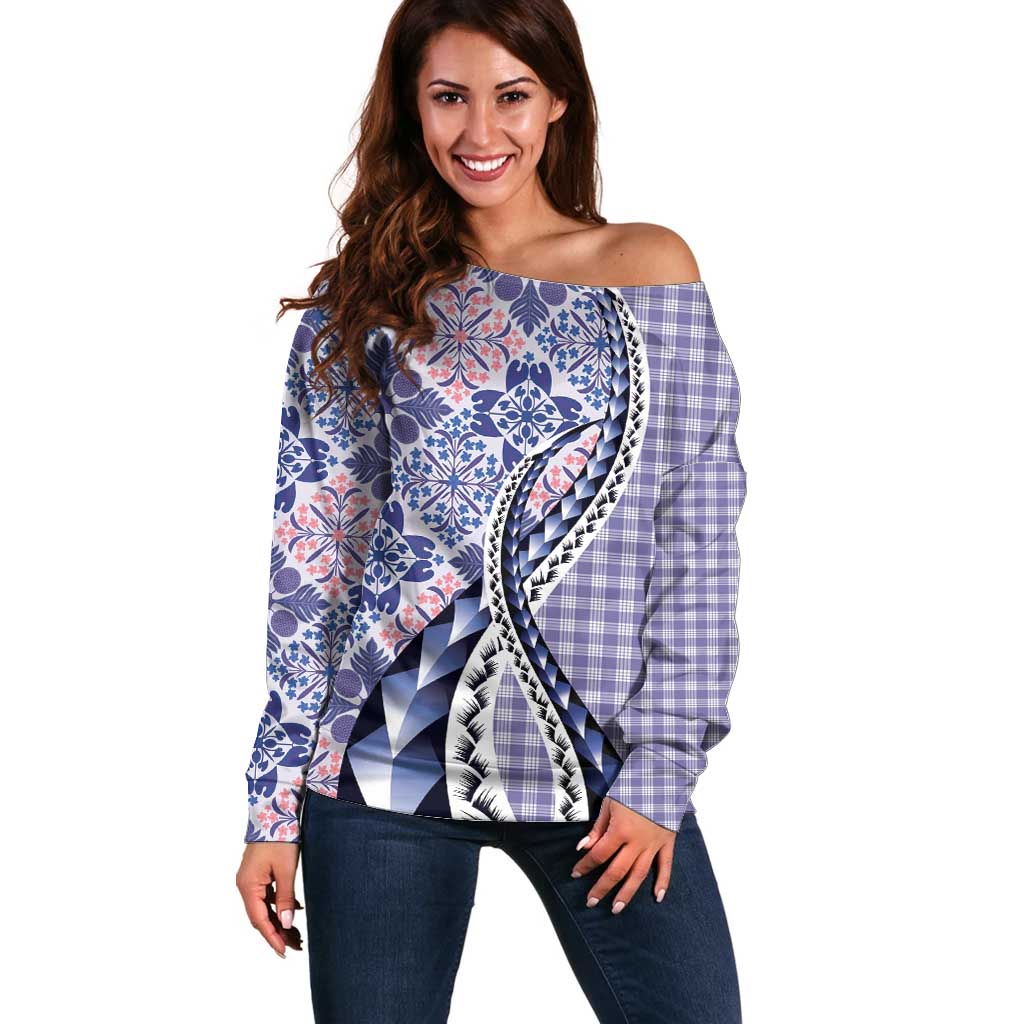 Aloha Vintage Palaka Floral Hawaiian Quilt Off Shoulder Sweater Poni Motif - Polynesian Pride
