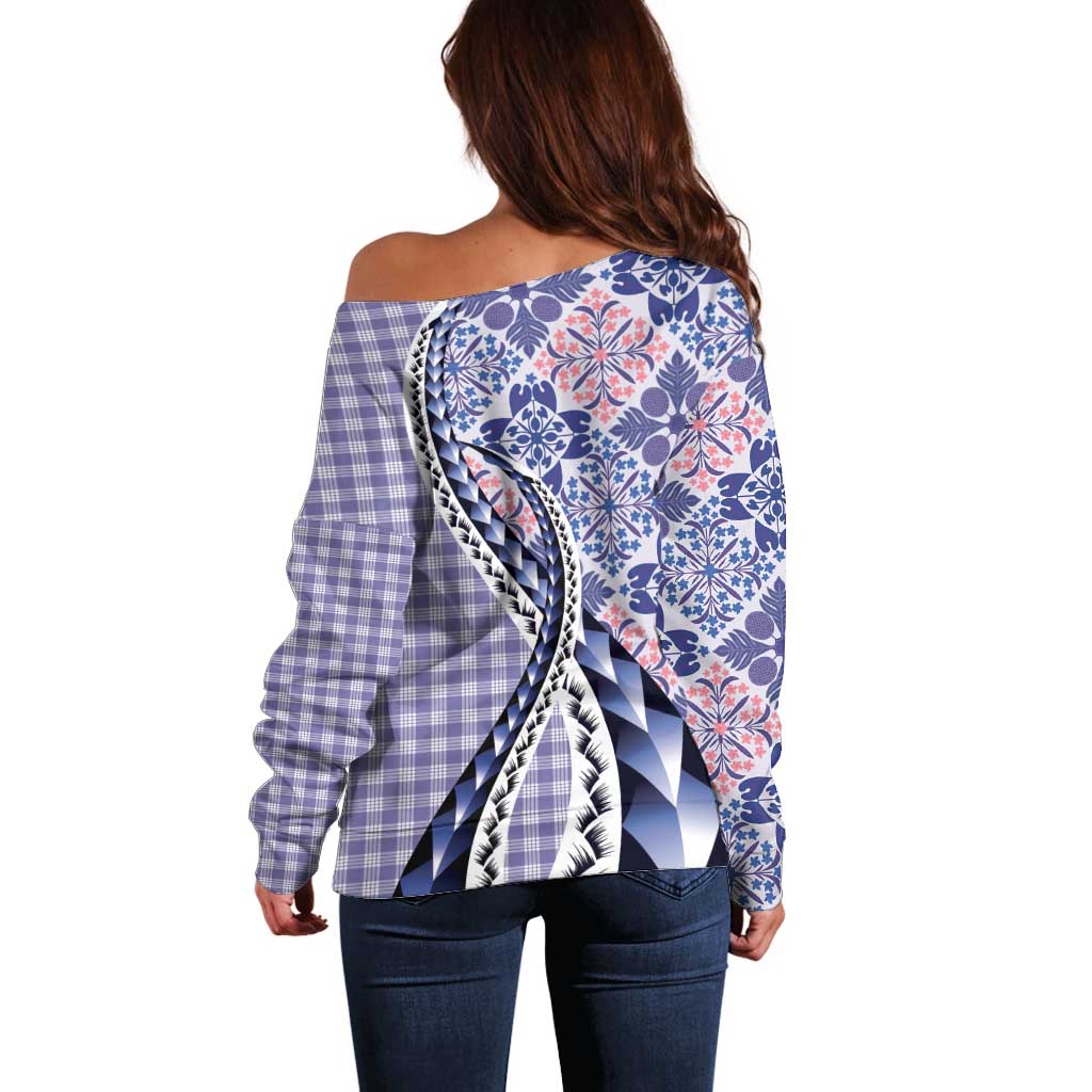 Aloha Vintage Palaka Floral Hawaiian Quilt Off Shoulder Sweater Poni Motif - Polynesian Pride
