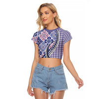 Aloha Vintage Palaka Floral Hawaiian Quilt Raglan Cropped T Shirt Poni Motif LT9 Female Purple - Polynesian Pride