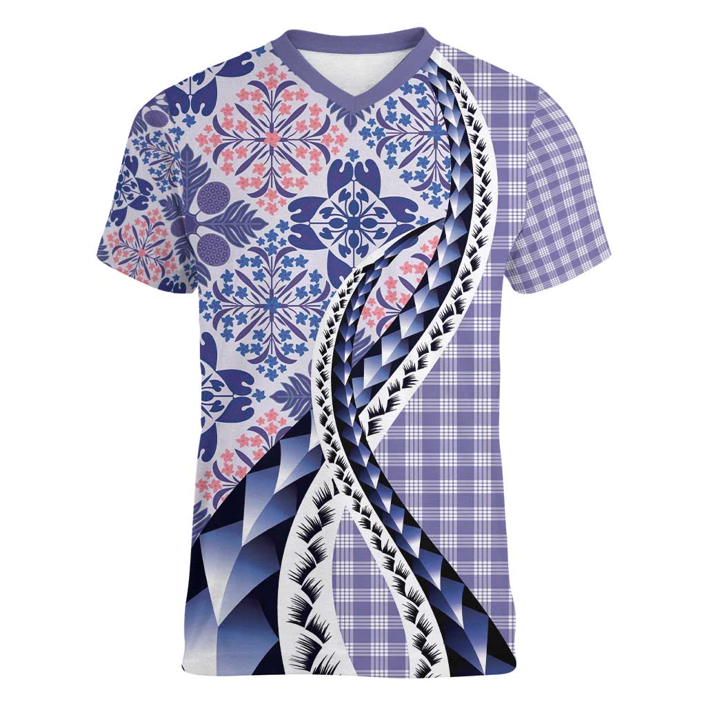 Aloha Vintage Palaka Floral Hawaiian Quilt Women V-Neck T-Shirt Poni Motif LT9 Female Purple - Polynesian Pride
