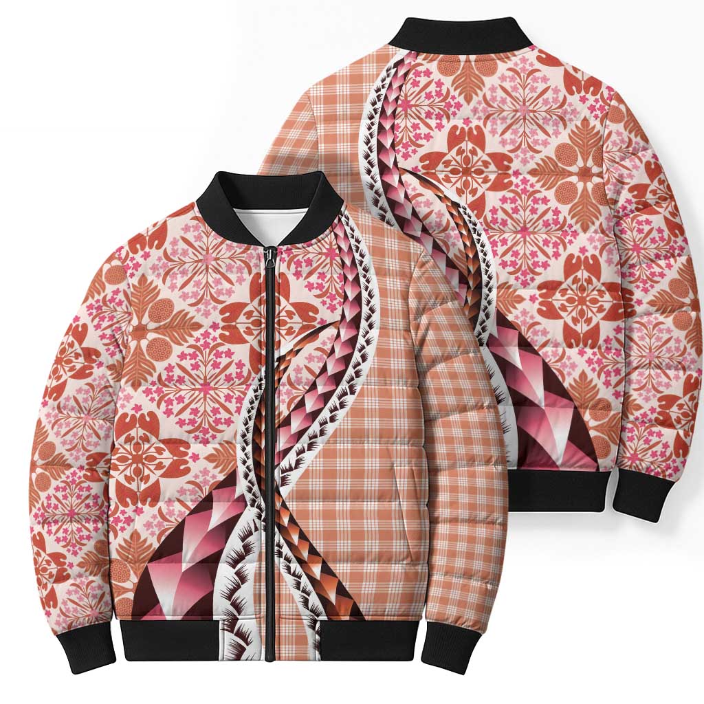 Aloha Vintage Palaka Floral Hawaiian Quilt Bomber Puffer Jacket Ulaula Motif - Polynesian Pride