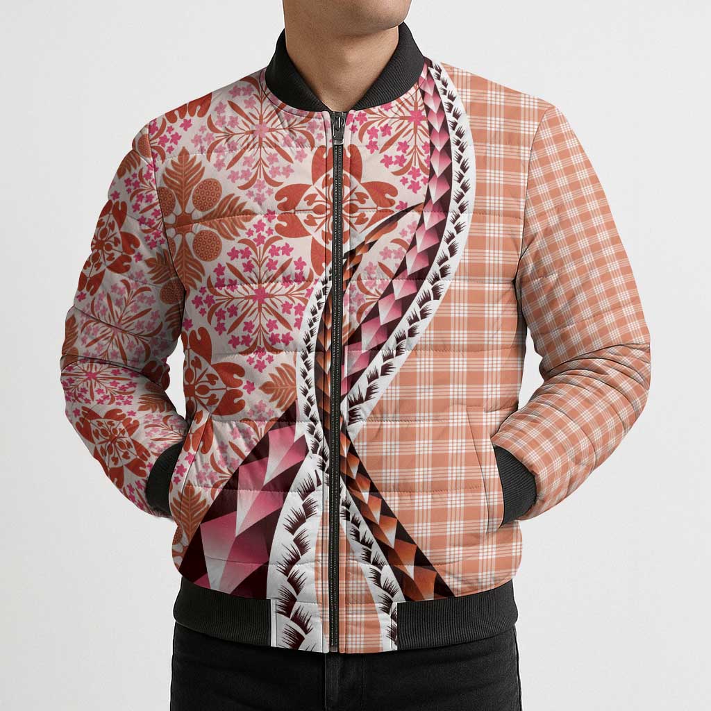 Aloha Vintage Palaka Floral Hawaiian Quilt Bomber Puffer Jacket Ulaula Motif - Polynesian Pride