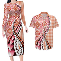 Aloha Vintage Palaka Floral Hawaiian Quilt Couples Matching Long Sleeve Bodycon Dress and Hawaiian Shirt Ulaula Motif LT9 Red - Polynesian Pride