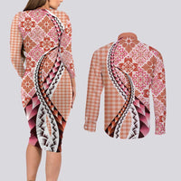 Aloha Vintage Palaka Floral Hawaiian Quilt Couples Matching Long Sleeve Bodycon Dress and Long Sleeve Button Shirt Ulaula Motif LT9 - Polynesian Pride