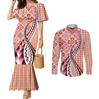 Aloha Vintage Palaka Floral Hawaiian Quilt Couples Matching Mermaid Dress and Long Sleeve Button Shirt Ulaula Motif LT9 Red - Polynesian Pride