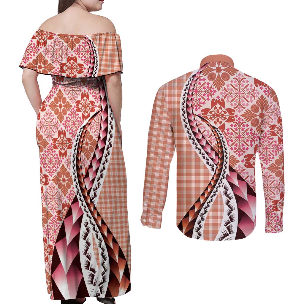 Aloha Vintage Palaka Floral Hawaiian Quilt Couples Matching Off Shoulder Maxi Dress and Long Sleeve Button Shirt Ulaula Motif LT9 - Polynesian Pride