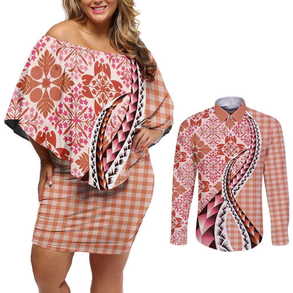 Aloha Vintage Palaka Floral Hawaiian Quilt Couples Matching Off Shoulder Short Dress and Long Sleeve Button Shirt Ulaula Motif LT9 Red - Polynesian Pride