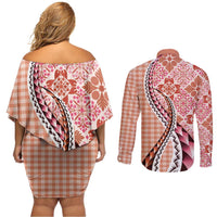 Aloha Vintage Palaka Floral Hawaiian Quilt Couples Matching Off Shoulder Short Dress and Long Sleeve Button Shirt Ulaula Motif LT9 - Polynesian Pride
