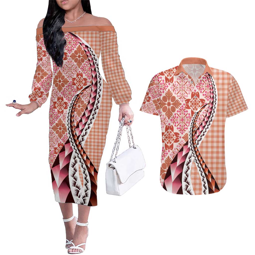 Aloha Vintage Palaka Floral Hawaiian Quilt Couples Matching Off The Shoulder Long Sleeve Dress and Hawaiian Shirt Ulaula Motif LT9 Red - Polynesian Pride