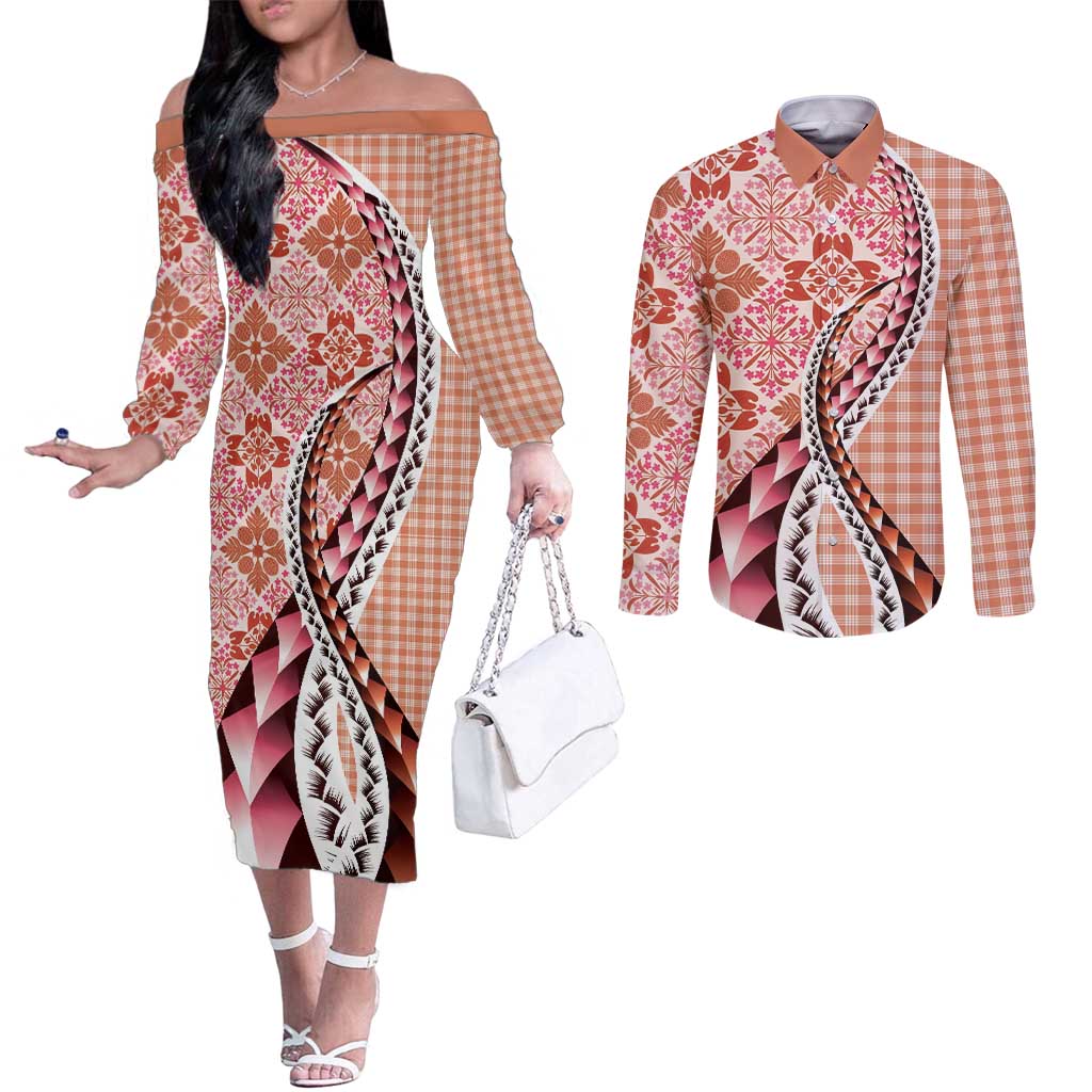 Aloha Vintage Palaka Floral Hawaiian Quilt Couples Matching Off The Shoulder Long Sleeve Dress and Long Sleeve Button Shirt Ulaula Motif LT9 Red - Polynesian Pride