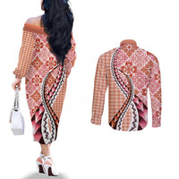 Aloha Vintage Palaka Floral Hawaiian Quilt Couples Matching Off The Shoulder Long Sleeve Dress and Long Sleeve Button Shirt Ulaula Motif LT9 - Polynesian Pride