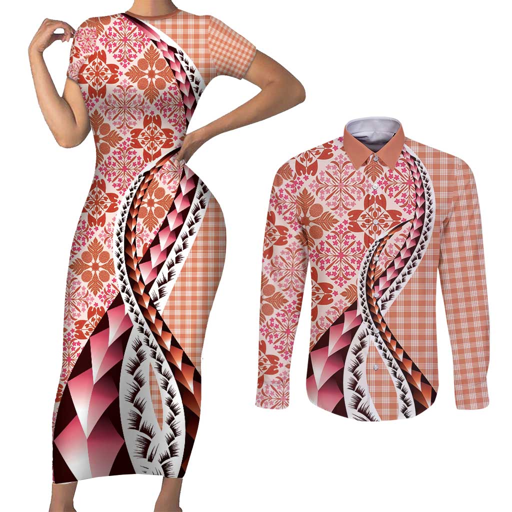 Aloha Vintage Palaka Floral Hawaiian Quilt Couples Matching Short Sleeve Bodycon Dress and Long Sleeve Button Shirt Ulaula Motif LT9 Red - Polynesian Pride