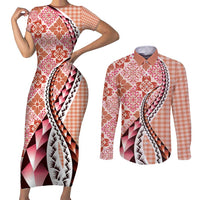 Aloha Vintage Palaka Floral Hawaiian Quilt Couples Matching Short Sleeve Bodycon Dress and Long Sleeve Button Shirt Ulaula Motif LT9 Red - Polynesian Pride