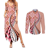 Aloha Vintage Palaka Floral Hawaiian Quilt Couples Matching Summer Maxi Dress and Long Sleeve Button Shirt Ulaula Motif LT9 Red - Polynesian Pride