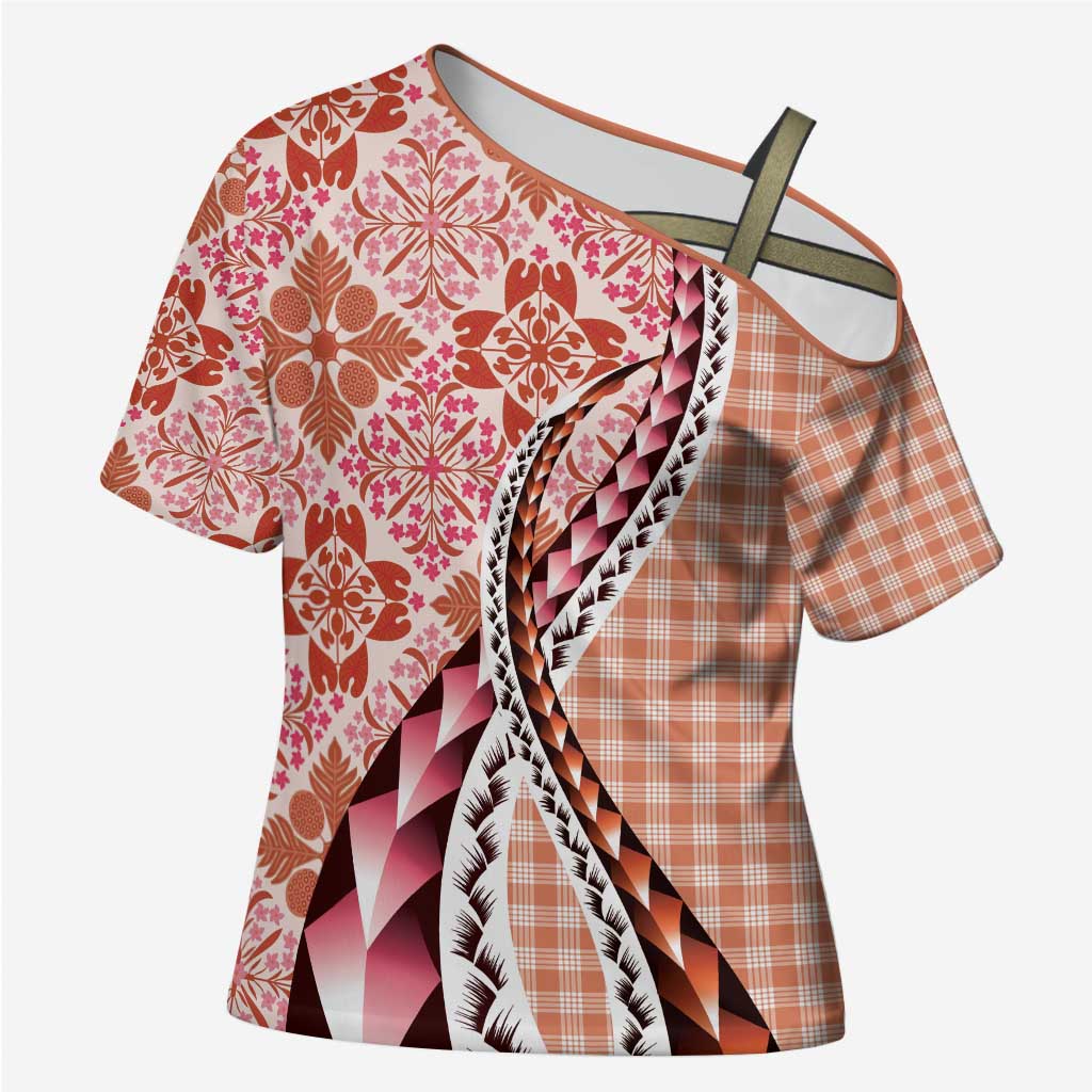 Aloha Vintage Palaka Floral Hawaiian Quilt Cross Shoulder Shirt Ulaula Motif LT9 Female Red - Polynesian Pride