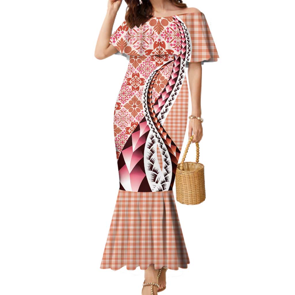 Aloha Vintage Palaka Floral Hawaiian Quilt Family Matching Mermaid Dress and Hawaiian Shirt Ulaula Motif LT9 Mom's Dress Red - Polynesian Pride