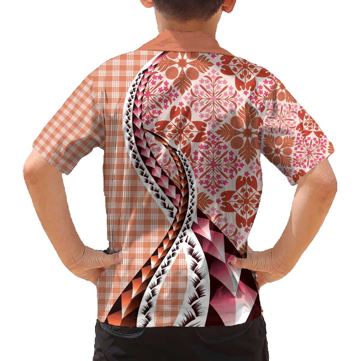 Aloha Vintage Palaka Floral Hawaiian Quilt Family Matching Off The Shoulder Long Sleeve Dress and Hawaiian Shirt Ulaula Motif LT9 - Polynesian Pride