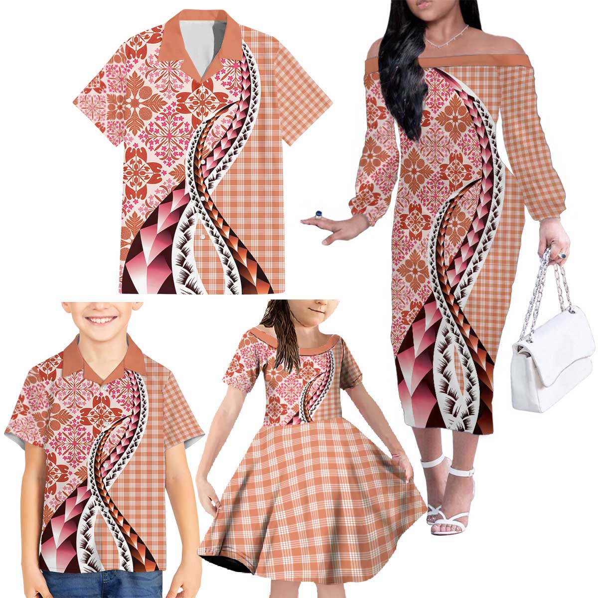 Aloha Vintage Palaka Floral Hawaiian Quilt Family Matching Off The Shoulder Long Sleeve Dress and Hawaiian Shirt Ulaula Motif LT9 - Polynesian Pride