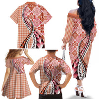 Aloha Vintage Palaka Floral Hawaiian Quilt Family Matching Off The Shoulder Long Sleeve Dress and Hawaiian Shirt Ulaula Motif LT9 - Polynesian Pride