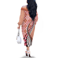 Aloha Vintage Palaka Floral Hawaiian Quilt Family Matching Off The Shoulder Long Sleeve Dress and Hawaiian Shirt Ulaula Motif LT9 - Polynesian Pride