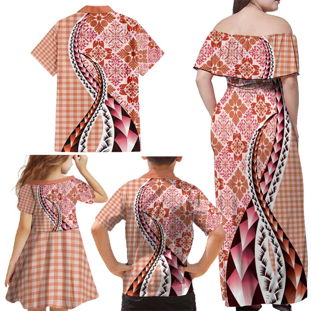 Aloha Vintage Palaka Floral Hawaiian Quilt Family Matching Off Shoulder Maxi Dress and Hawaiian Shirt Ulaula Motif LT9 - Polynesian Pride