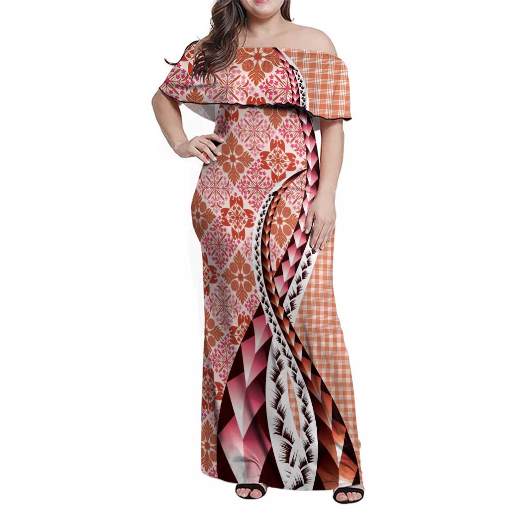 Aloha Vintage Palaka Floral Hawaiian Quilt Family Matching Off Shoulder Maxi Dress and Hawaiian Shirt Ulaula Motif LT9 Mom's Dress Red - Polynesian Pride