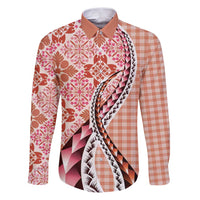Aloha Vintage Palaka Floral Hawaiian Quilt Family Matching Puletasi and Hawaiian Shirt Ulaula Motif LT9 Dad's Shirt - Long Sleeve Red - Polynesian Pride
