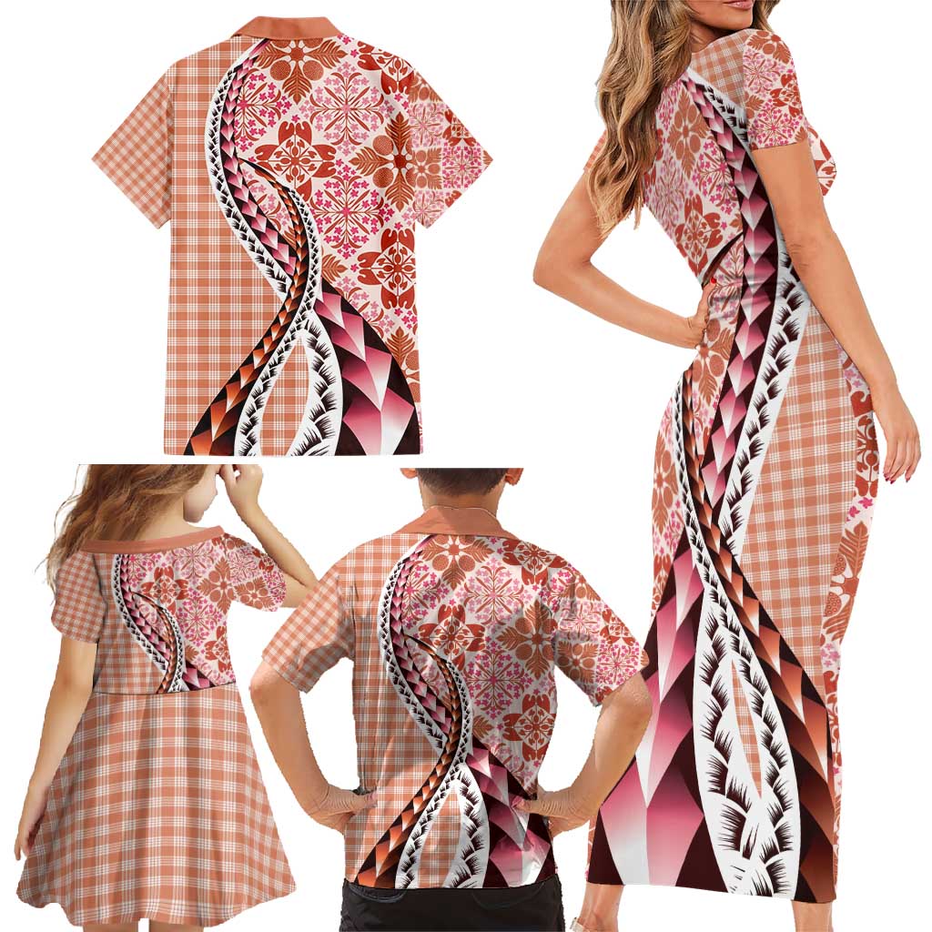Aloha Vintage Palaka Floral Hawaiian Quilt Family Matching Short Sleeve Bodycon Dress and Hawaiian Shirt Ulaula Motif LT9 - Polynesian Pride