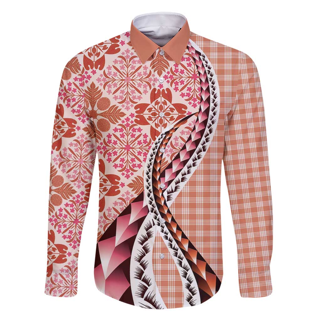 Aloha Vintage Palaka Floral Hawaiian Quilt Family Matching Summer Maxi Dress and Hawaiian Shirt Ulaula Motif LT9 Dad's Shirt - Long Sleeve Red - Polynesian Pride