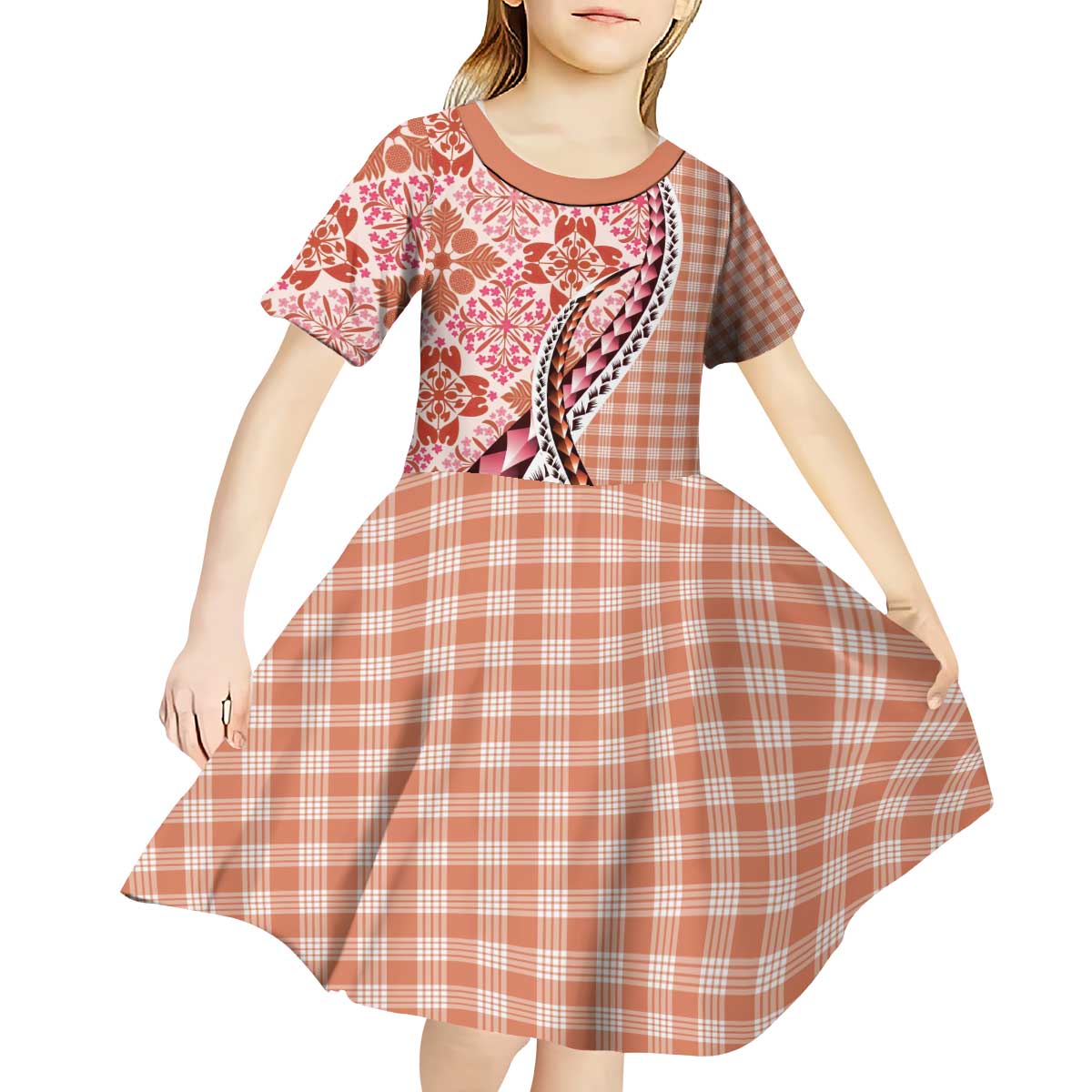 Aloha Vintage Palaka Floral Hawaiian Quilt Kid Short Sleeve Dress Ulaula Motif LT9 - Polynesian Pride