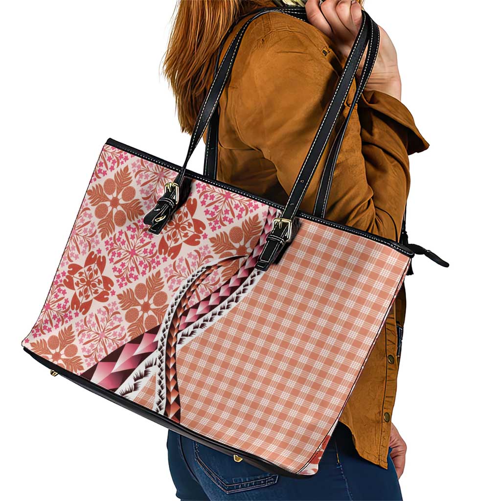 Aloha Vintage Palaka Floral Hawaiian Quilt Leather Tote Bag Ulaula Motif - Polynesian Pride