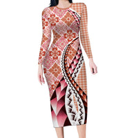 Aloha Vintage Palaka Floral Hawaiian Quilt Long Sleeve Bodycon Dress Ulaula Motif LT9 Long Dress Red - Polynesian Pride