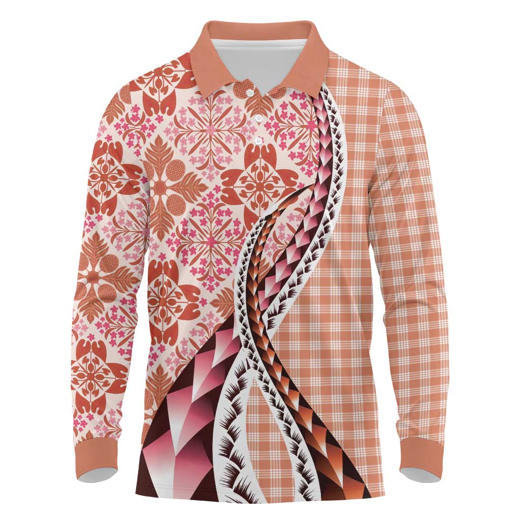 Aloha Vintage Palaka Floral Hawaiian Quilt Long Sleeve Polo Shirt Ulaula Motif LT9 Red - Polynesian Pride