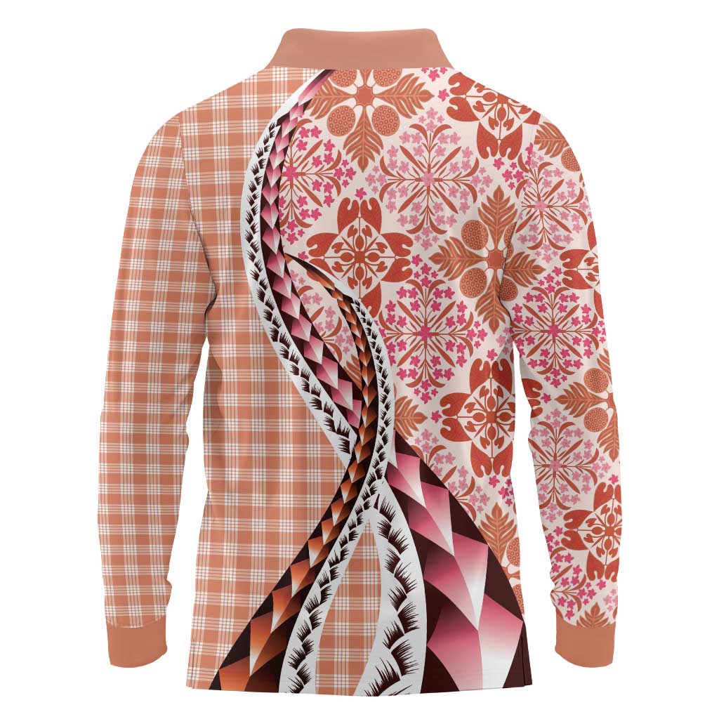 Aloha Vintage Palaka Floral Hawaiian Quilt Long Sleeve Polo Shirt Ulaula Motif LT9 - Polynesian Pride