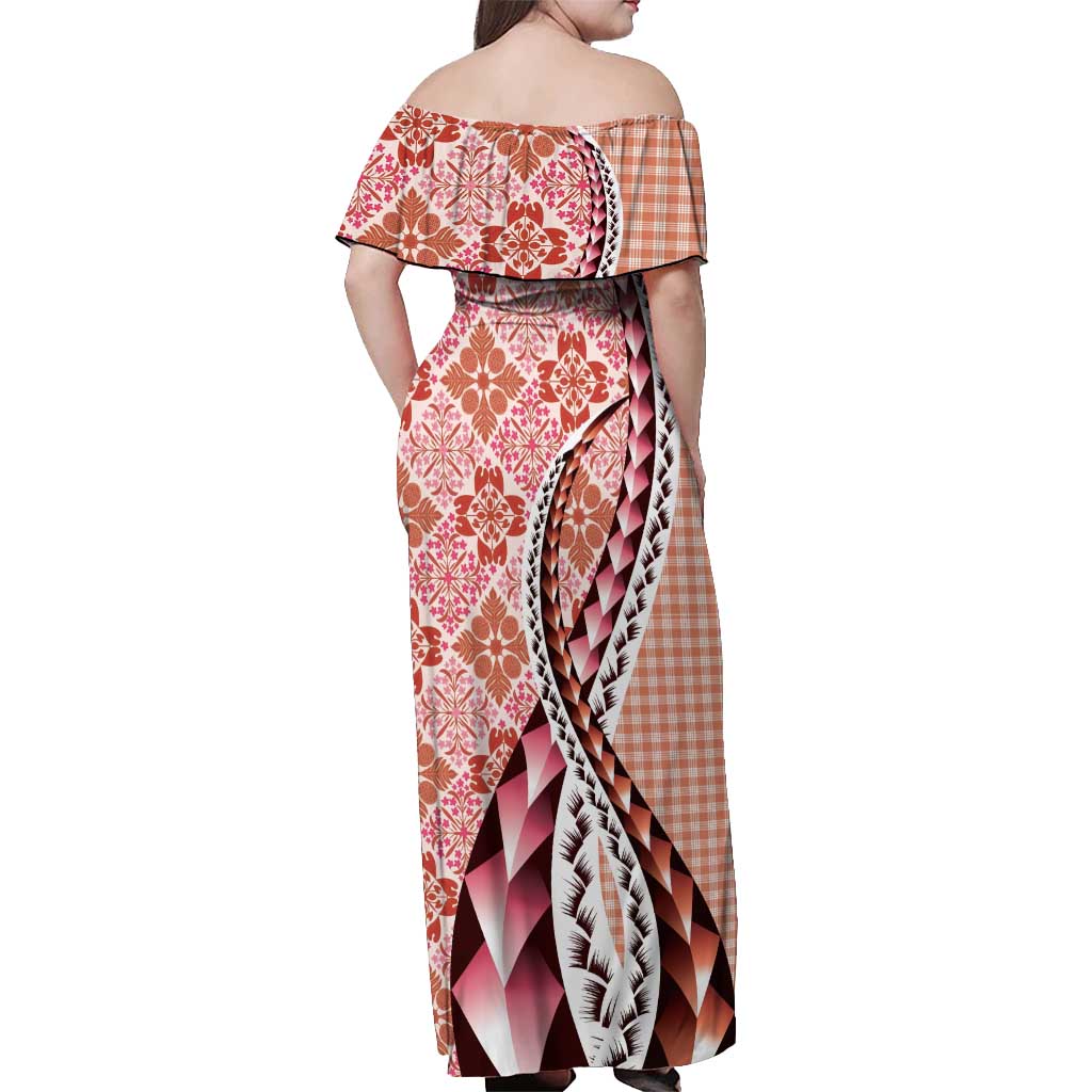 Aloha Vintage Palaka Floral Hawaiian Quilt Off Shoulder Maxi Dress Ulaula Motif LT9 - Polynesian Pride