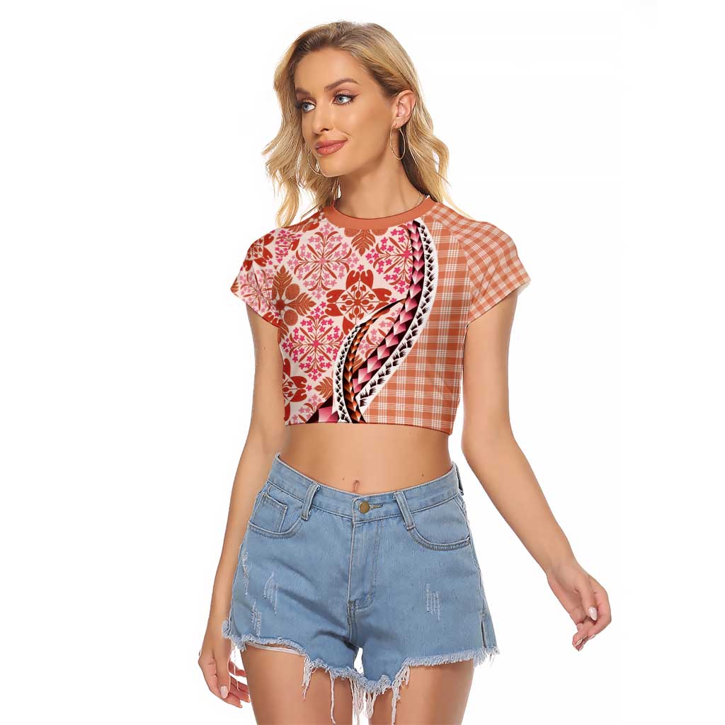 Aloha Vintage Palaka Floral Hawaiian Quilt Raglan Cropped T Shirt Ulaula Motif LT9 Female Red - Polynesian Pride