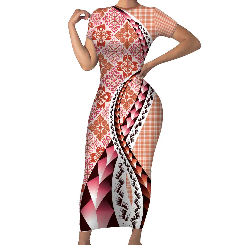 Aloha Vintage Palaka Floral Hawaiian Quilt Short Sleeve Bodycon Dress Ulaula Motif LT9 Long Dress Red - Polynesian Pride