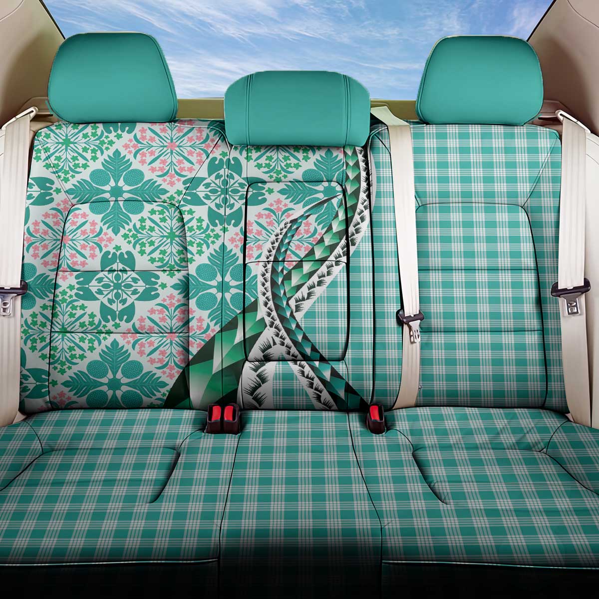 Aloha Vintage Palaka Floral Hawaiian Quilt Back Car Seat Cover Polu Motif LT9 One Size Turquoise - Polynesian Pride