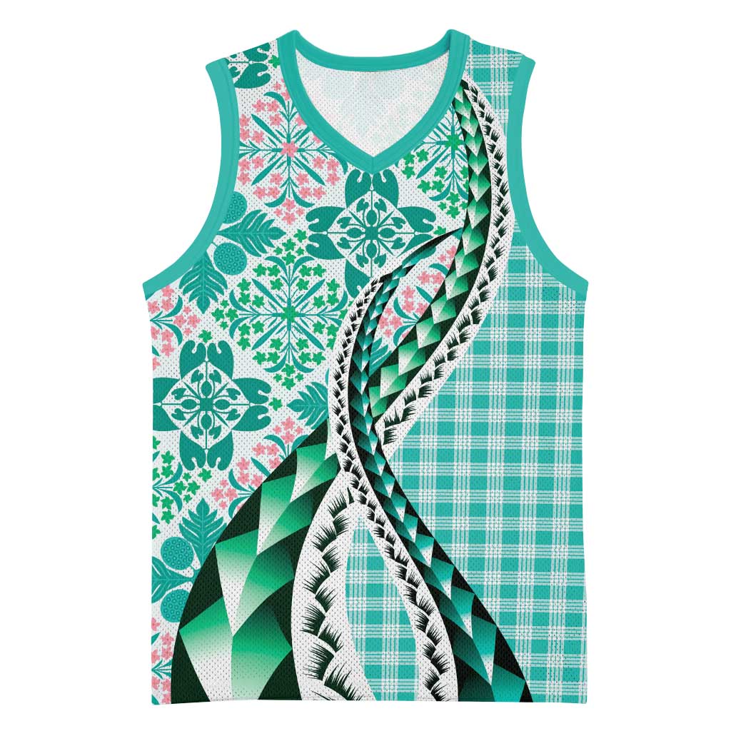 Aloha Vintage Palaka Floral Hawaiian Quilt Basketball Jersey Polu Motif LT9 Unisex Turquoise - Polynesian Pride