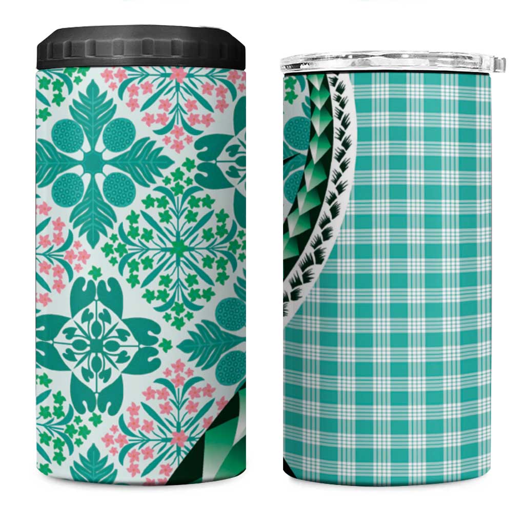 Aloha Vintage Palaka Floral Hawaiian Quilt 4 in 1 Can Cooler Tumbler Polu Motif LT9 One Size: 16 oz Turquoise - Polynesian Pride
