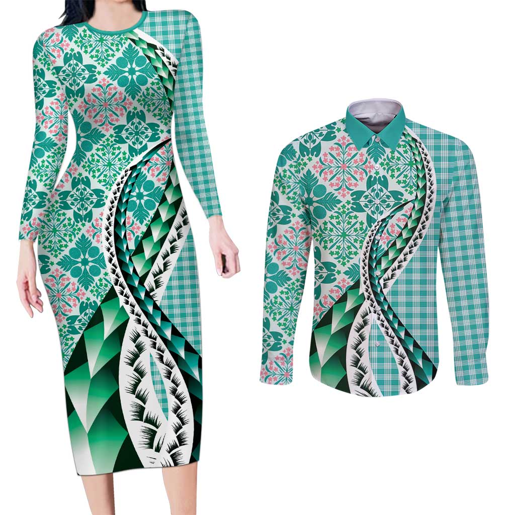 Aloha Vintage Palaka Floral Hawaiian Quilt Couples Matching Long Sleeve Bodycon Dress and Long Sleeve Button Shirt Polu Motif LT9 Turquoise - Polynesian Pride