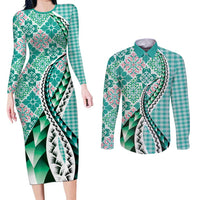 Aloha Vintage Palaka Floral Hawaiian Quilt Couples Matching Long Sleeve Bodycon Dress and Long Sleeve Button Shirt Polu Motif LT9 Turquoise - Polynesian Pride