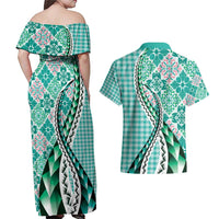 Aloha Vintage Palaka Floral Hawaiian Quilt Couples Matching Off Shoulder Maxi Dress and Hawaiian Shirt Polu Motif LT9 - Polynesian Pride